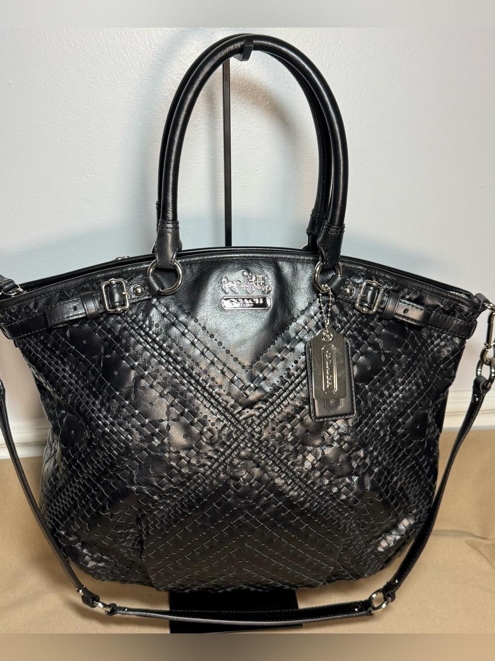 Coach Black Woven Leather Tote with Chain Tag